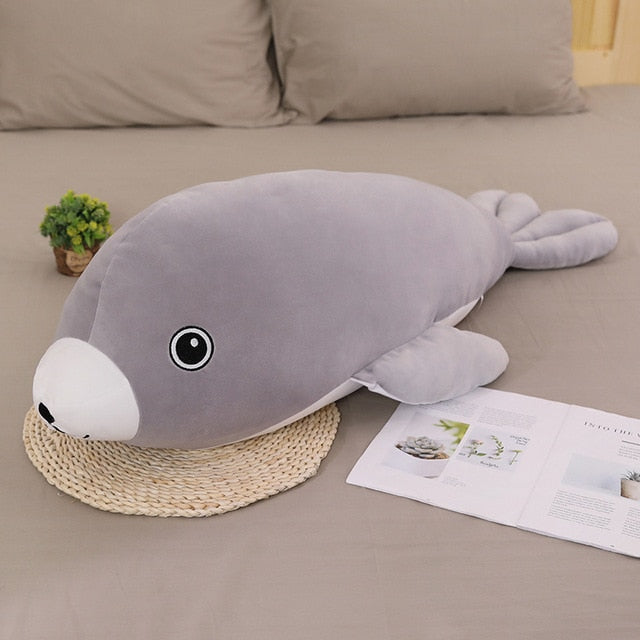 Grosse peluche phoque gris pour oreiller